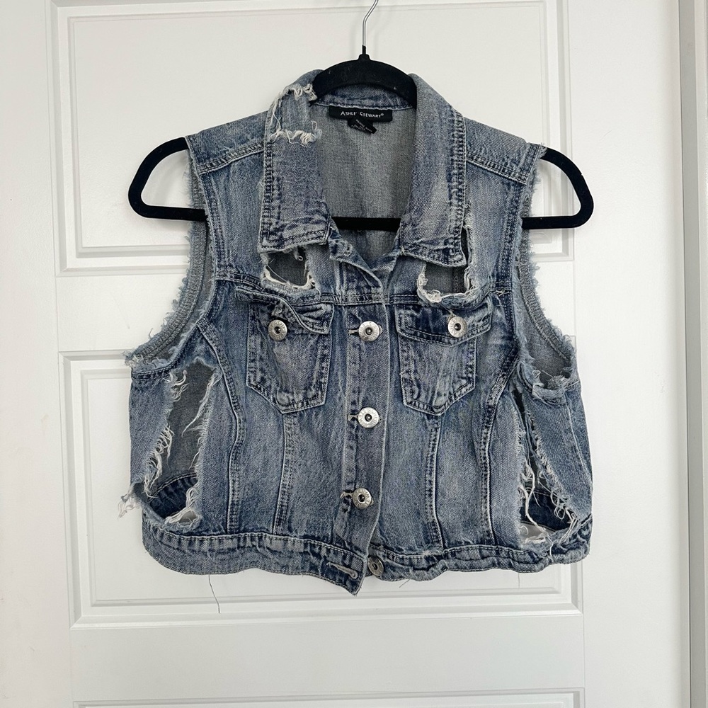 Ashley Stewart Distressed Cropped Denim Vest